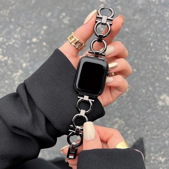 Apple Watch Band Adjustable Stylish Circle Silver Stainless Chain Band - Black - Picture 1 of 5
